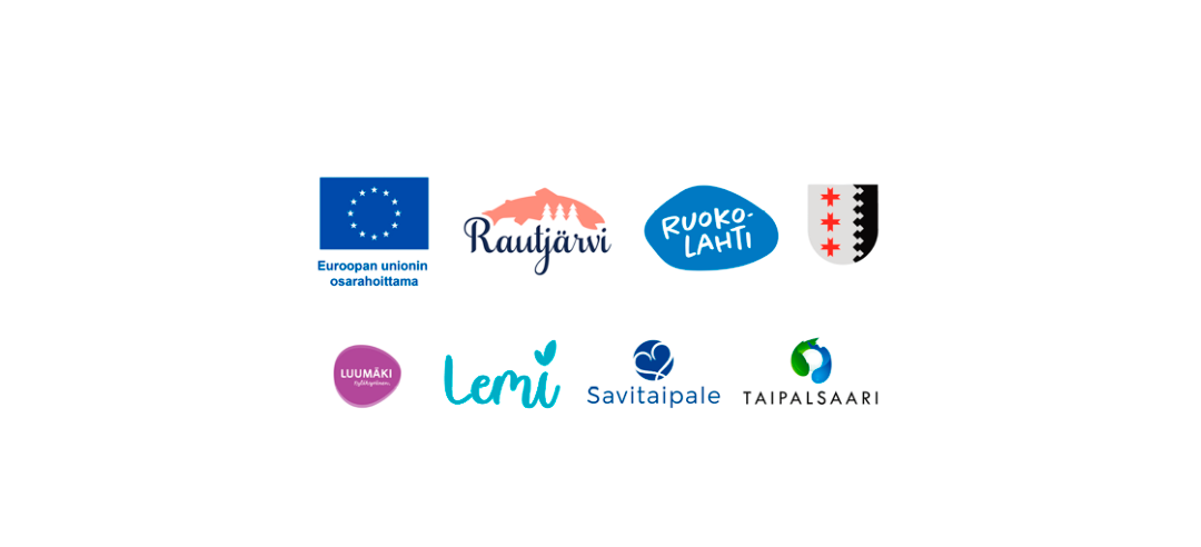 Euroopan unionin osarahoittama, Rautjärvi, Ruokolahti, Luumäki, Lemi, Savitaipale ja Taipalsaari logot ja Parikkalan vaakuna.